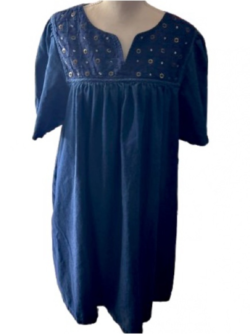 100% Cotton GO SOFTLY PATIO Denim Blue Beaded Mumu Housedress Loungewear Large